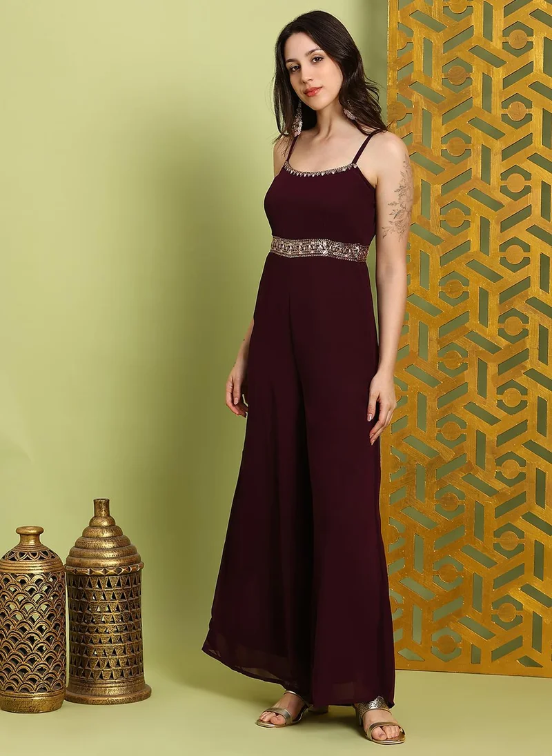 globus Brown Globus Women Brown Scoop Neck Shoulder Straps Embroidered Detail Georgette Flared Festive Jumpsuit for Women | Best Price UAE